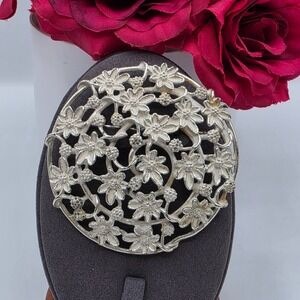Vintage Emmons Silver Tone Floral Round Brooch Pin Daisy OpenWork Signed Ornate